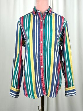 Vintage British Khaki Rainbow Stripe Cotton Button Up Shirt